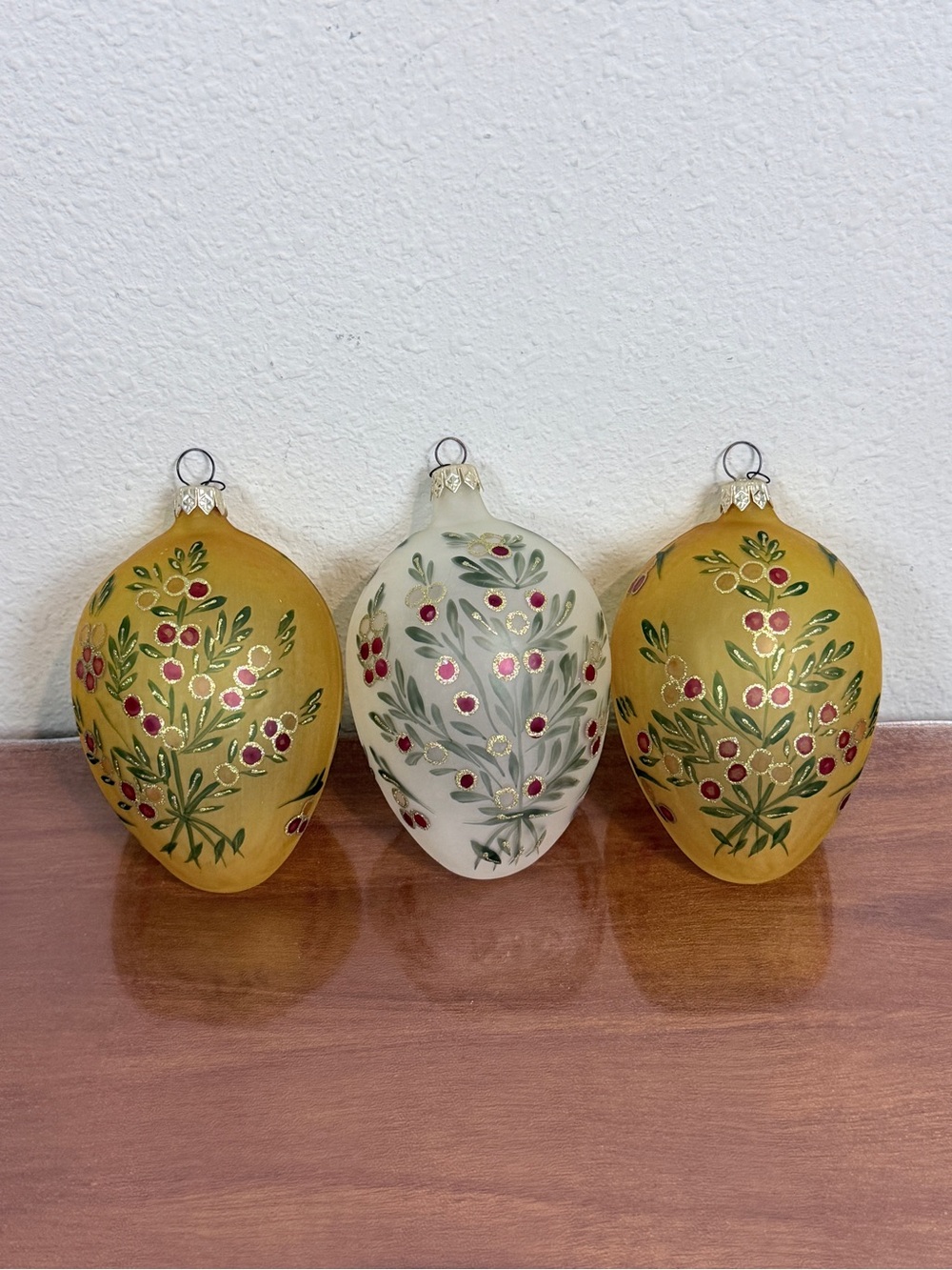 3 Hand-Painted Holiday Glass Ornament Trio Yellow & White 5.5-inch